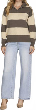 She + Sky Long Sleeve Half Zip Striped Sweater In Mocha