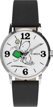 Timex Peanuts x Timex Marlin Pickleball 38mm Leather Strap Watch in White/Silver-Tone at Nordstrom