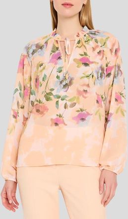 Tahari by ASL Floral Print Tie Neck Top in Blush Multi at Nordstrom, Size X-Small