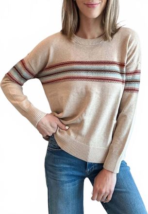 Minnie Rose Cotton Cashmere Placed Stripe Crew Neck Top In Brown Sugar Combo