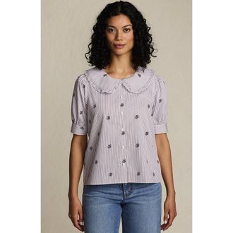 Lands End Easy Care Puff Sleeve Statement Collar Shirt in White/brown Floral Stripe at Nordstrom, Size X-Large