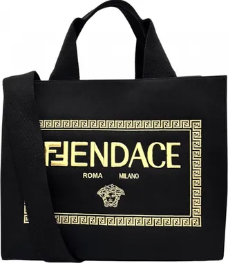 Versace Black Gold Canvas Handbag Tote Bag (Pre-Owned)