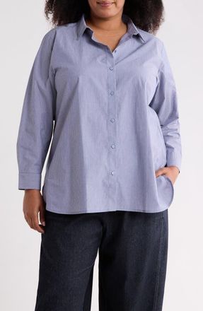 Eileen Fisher Stripe Organic Cotton Button-Up Shirt in Infinity at Nordstrom, Size 3X