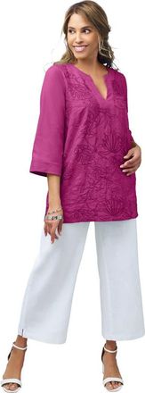 Jessica London Linen V Neck Embroidered Tunic in Raspberry Leaf Embroidery at Nordstrom, Size 22