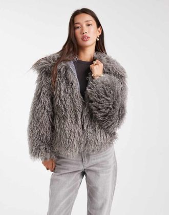Daisy Street Cappotto cocoon in pelliccia sintetica con polsini a coste grigio antracite
