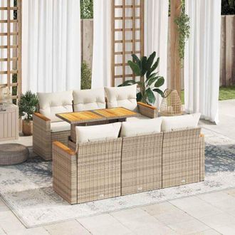 vidaXL Set Sof&aacute;s Jard&iacute;n Y Cojines 7 Pzas Rat&aacute;n Sint&eacute;tico Acacia Beige Vidaxl