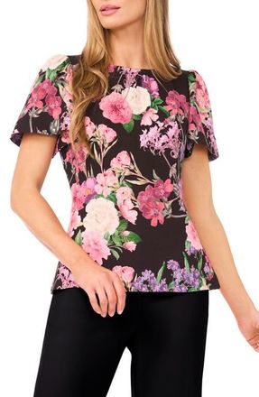 Ted Baker Lauren Floral Print Flutter Sleeve Top in Rich Black at Nordstrom, Size X-Small