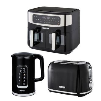 Geepas 1.7L Digital Electric Kettle 2 Slice Bread Toaster & 9L Dual Zone Air Fryer Kitchen Combo Set in Black