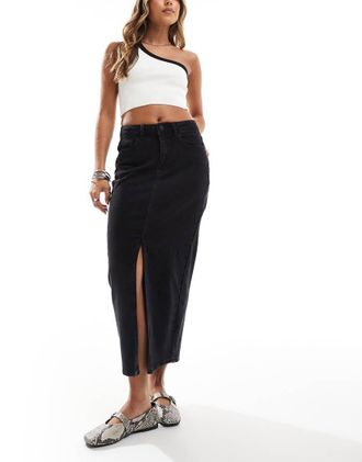 Vila high rise denim front split midi skirt in black wash