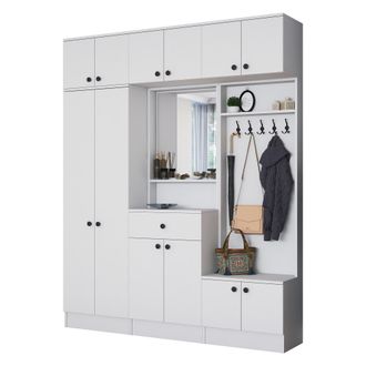 Dmora Mueble De Entrada Torpenn, Incluye Espejo, Perchero, 11 Estantes, 180x36x226h Cm Blanco