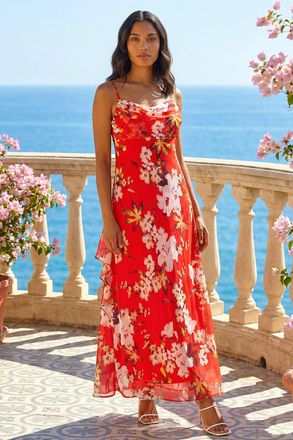 Roman Floral Cowl Neck Chiffon Dress