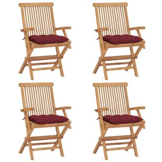 vidaXL Sillas De Jard&iacute;n 4 Uds Madera Teca Con Cojines Rojo Tinto Vidaxl