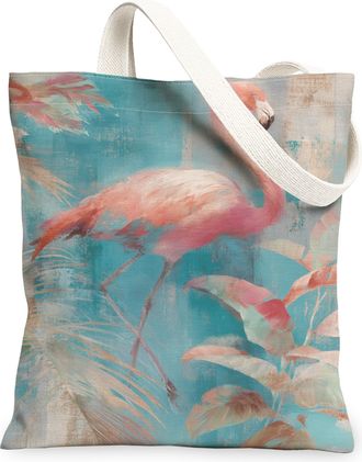 Generic Tropical Tropical Bird Canvas Tote Bags, Elegant Floral Lightweight Washable Shoulder Strap Reusable Shopping Bags for Summ, Peach, 13x15 Inch