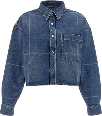 Alexander Wang Overhemden, Dames, Blauw, S, Denim, Cropped Heavy Cotton Denim Shirt With Geometric Fading