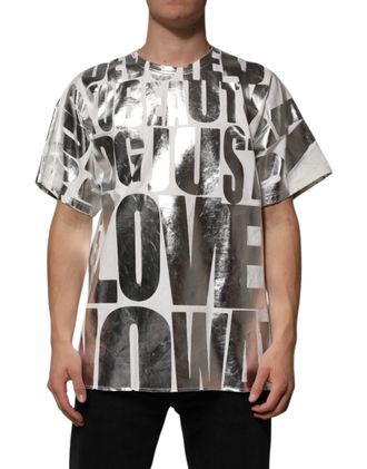 Dolce & Gabbana White Cotton Silver Metallic Slogan Print Mens T-shirt