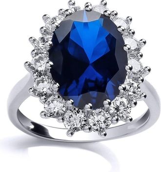 Jewelco London Silver Blue Oval CZ Royal Princess Cluster Solitaire Ring - GVR668SAP