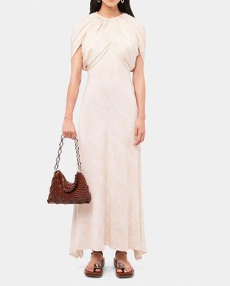 Paco Rabanne Long Dress With Feather Print And Draping Details In Ecru