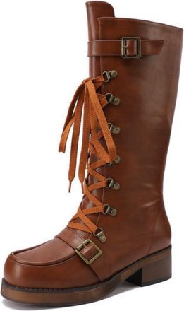 Generic Womens Lace Up Knight Boots with Buckle Round Toe PU Leather Retro Dress Shoes Block Heel Platform Long Boot,Brown,7.5 UK