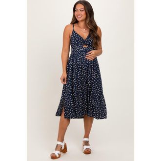 Pinkblush Floral Twist Front Cut Out Midi Dress in Navy Blue at Nordstrom, Size Medium
