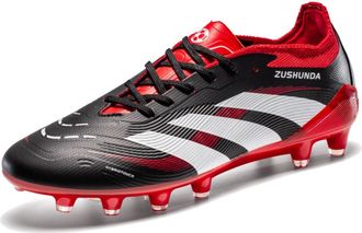Generic Breathable Lightweight Low-Top Soccer Shoes for Men Youth with Long Studs Comfortable Durable Football Cleats, Spikes -- Black and Red., 6.5 UK