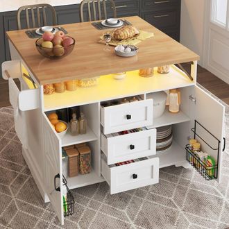 Merax Multifunctional Kitchen Island Serving Cart with Drop Leaf & LED in White