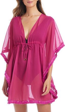 Bleu Rod Beattie Fringe Trim Sheer Cover-Up Caftan in Pink Punch at Nordstrom, Size Medium