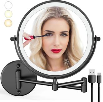 OEM Espejo De Pared De Doble Cara, Iluminaci&oacute;n De 3 Colores, Aumento De 10x, Rotaci&oacute;n De 360&deg;, Recargable, Para Ba&ntilde;o