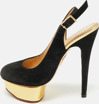 Charlotte Olympia Black Suede Dolly Platform Slingback Pumps