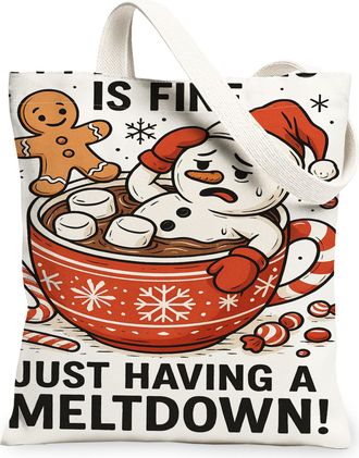 Generic Christmas Snow Man Canvas Tote Bags, Holiday Gingerbread Design, Reusable Shopping Bags, Winter Lightweight Washable Canvas, White, 13x15 Inch