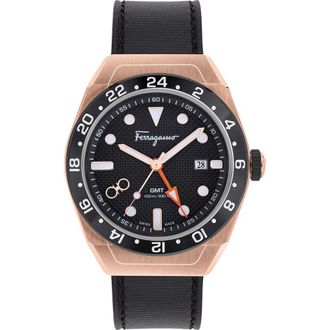 Ferragamo SLX GMT Leather Strap Watch, 43mm in Rose Gold at Nordstrom Rack