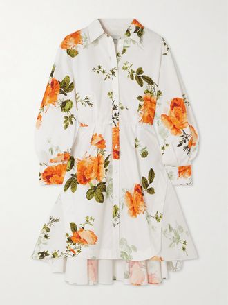 Erdem Abito Chemisier Mini Asimmetrico In Popeline Di Cotone Floreale A Pieghe - Bianco