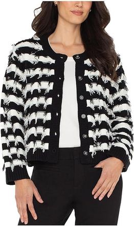 Liverpool L.A. Long Sleeve Fringe Cardigan Sweater Womens Sweater Black/White Fringe Stripe : SM, Acrylic