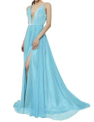 Angela & Alison High-Slit Prom Dress In Turquoise