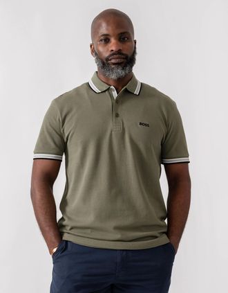 HUGO BOSS Mens BOSS Green Mens Paddy Cotton-Piqu&eacute; Polo Shirt with Contrast Logo - Light/Pastel Green 339 - Tan - Size: 38