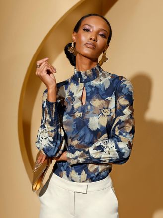 Cr&eacute;ation L Druckbluse CREATION L, Damen, Gr. 38, beige (marine, champagner, bedruckt), 100% Polyester, bedruckt, gebl&uuml;mt, gemustert, mehrfarbig, Blusen Druckblus