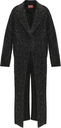 Diesel Long Black Coat with Textured Fabric and Wide Lapel Collar