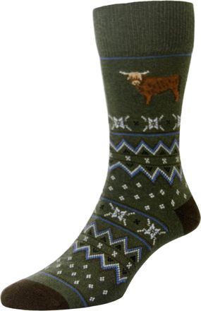 Hj Hall Mens Socks Country Animal Fairisle Bull Olive 6-11UK