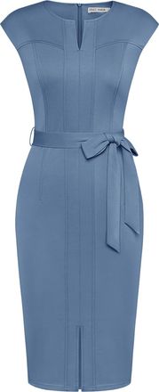 Grace Karin Ladies Bodycon Dress Belted Cap Sleeve Cocktail Business Dress Gray Blue XXL