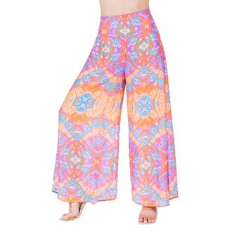 Lofbaz Womens Wide Leg Palazzo Pants Yoga Lounge Hippie Harem Flowy Trousers, Pastel Tie Dye 2 Orange, Large