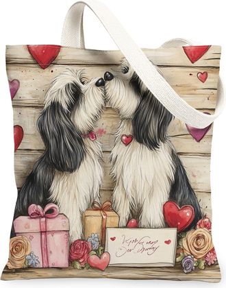 Generic Valentines Day Havanese Dog Canvas Tote Bag for Shopping 13x15, Rustic Couple Puppy Reusable Grocery Print Pattern Bag for Women, Pet Beach Aesthetic 