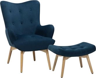 Beliani Wingback Chair VEJLE with Footstool Velvet Dark Blue