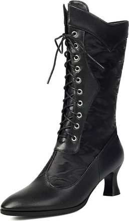 Generic Womens Kitten Heel Mid-Calf Boots Pointed Toe PU Leather Vintage Victorian Boots Lace Up Short Boot with Side Zipper,Black,4.5 UK
