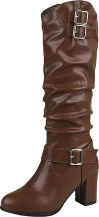 Generic Womens Knee High Boots Round Toe High Chunky Heel Slip On Design With Pleated Shaft And Metal Decoration Vintage Style