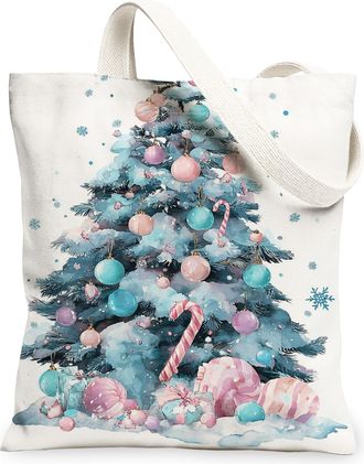 Generic Christmas Tree Canvas Tote Bags, Colorful Holiday Pattern Reusable Shopping Bags, Festive Seasonal Lightweight Washable Handbags for Gifts Shopping Tr