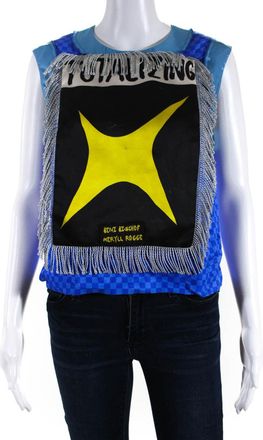 Meryll Rogge Meryll Rogge Womens Sleeveless Fringes Graphic Satin Top Blouse Blue