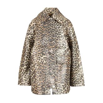 Ganni Leopard Laminated Cotton Jacket - female - Ganni - Light Jackets - Multicolor - 2XS/XS - Jackets