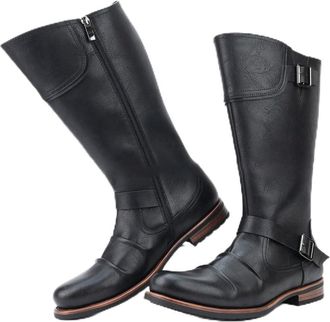 Generic Mens Flat Heel Motorcycle Boots PU Leather Knee High Boots with Side Zipper Round Toe Long Boot with Buckle,Black,5.5 UK