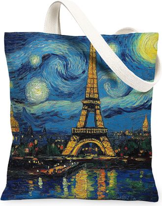 Generic Paris Tower Canvas Tote Bag, Vintage Art Design Reusable Grocery Bags, Stylish Washable Shoulder Strap Canvas Bags for Outdoor Travel Shopping 13x15 I