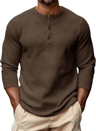 Generic Long Sleeve Henley T Shirt Men Beach Long Sleeve Soft Spring Tops Men Pop Buttons Waffle Kni Top Comfy Henley Solid T Shirt Men Brown XXL