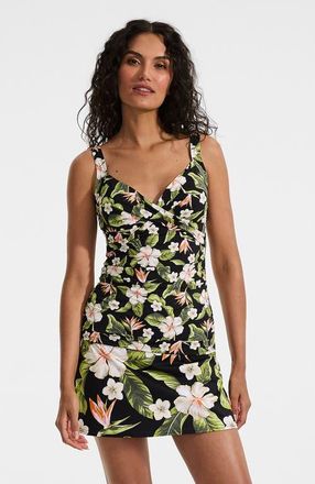 Lands End Wrap Underwire Tankini Top Swimsuit in Hibiscus Floral/black at Nordstrom, Size 16P